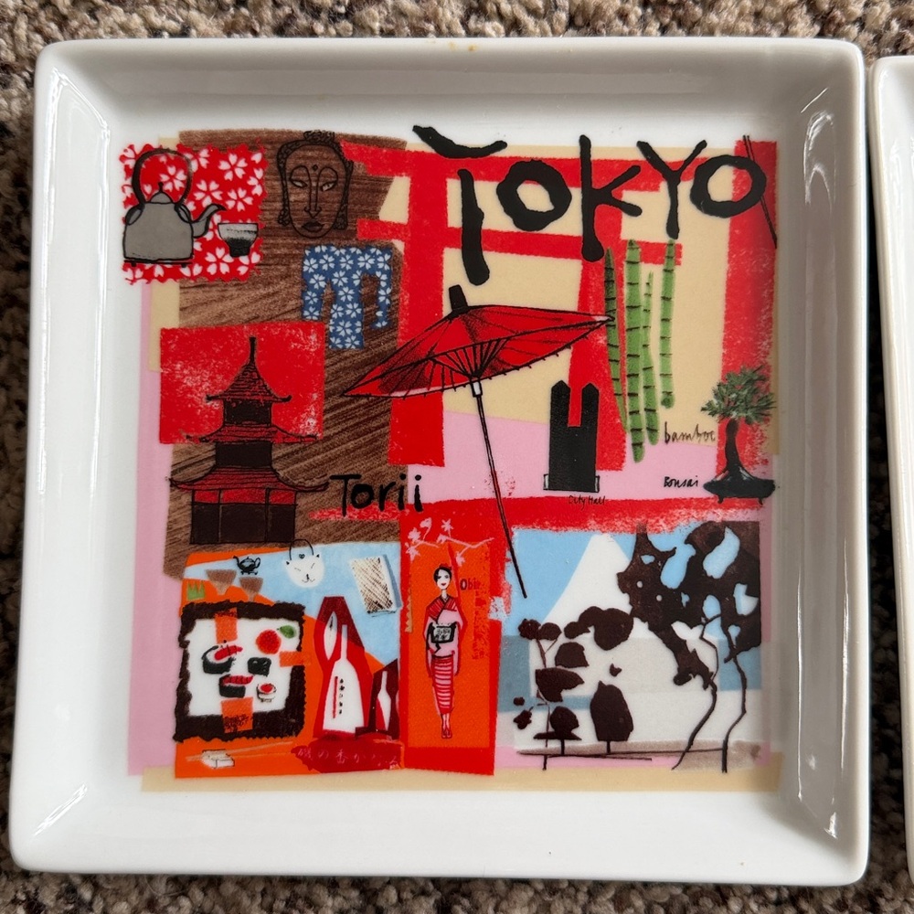 Crate&Barrel Travel Plates Set City Scenes Square Appetizer Plates Set of 6 - Picture 4 of 11